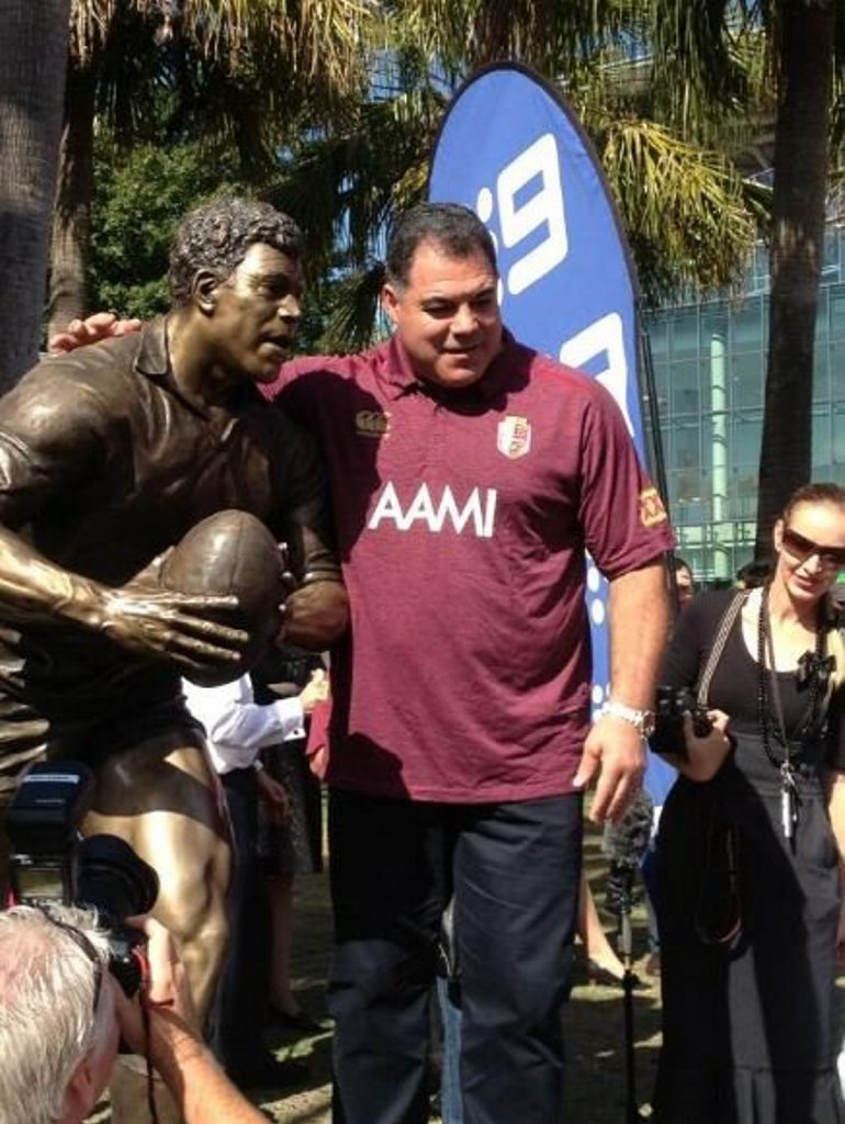 Mal Meninga with the bronzed statue at Suncorp Stadium. Mal Meninga with the bronzed statue at Suncorp Stadium.
